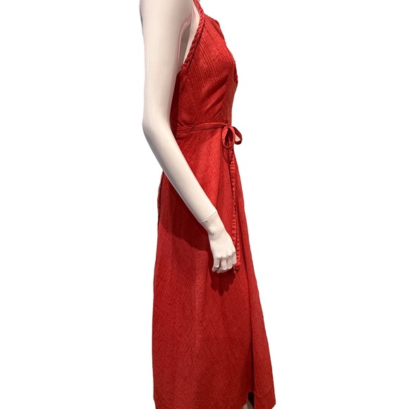 Vintage Coral Braided-Halter Wrap Midi Dress w/ Embroidery Open Back Adjustable - Picture 5 of 7